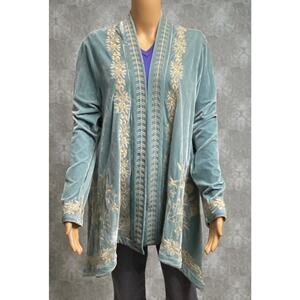 Time For Me Embroidered velvet open front cardigan shark hem size L blue